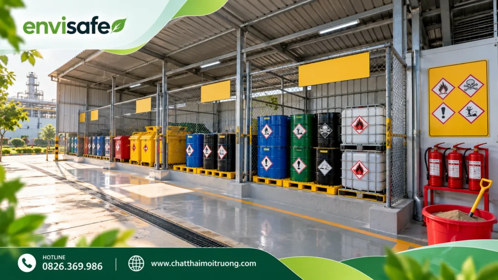 Khu vực lưu giữ chất thải nguy hại với thùng chứa được phân loại riêng