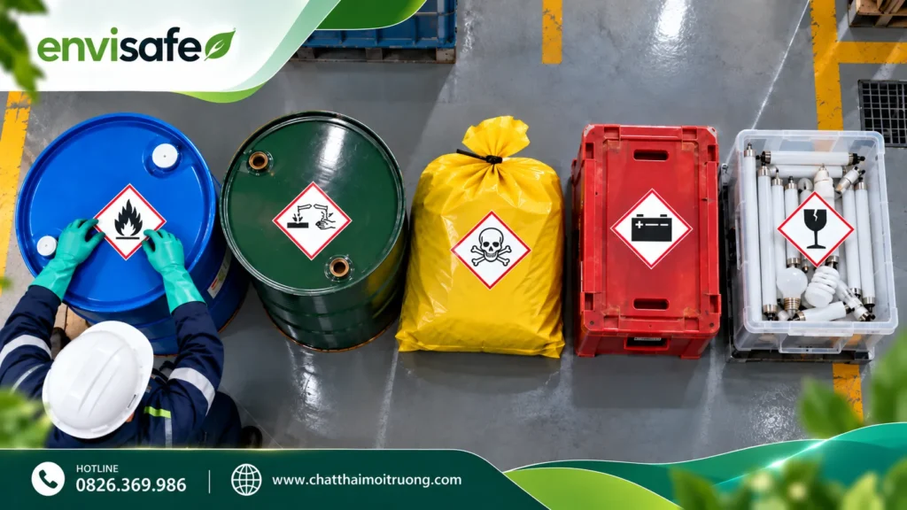 Các loại chất thải nguy hại được phân loại và dán nhãn cảnh báo